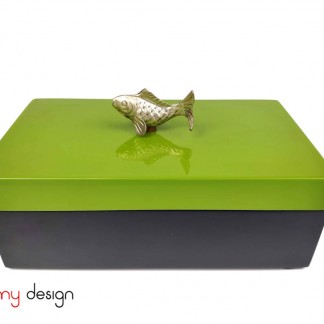 Rectangular black box with green lid attached fish